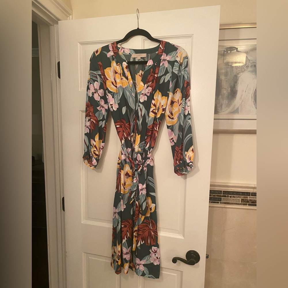 Loft Floral Midi Belted Shirt Dress Sz M